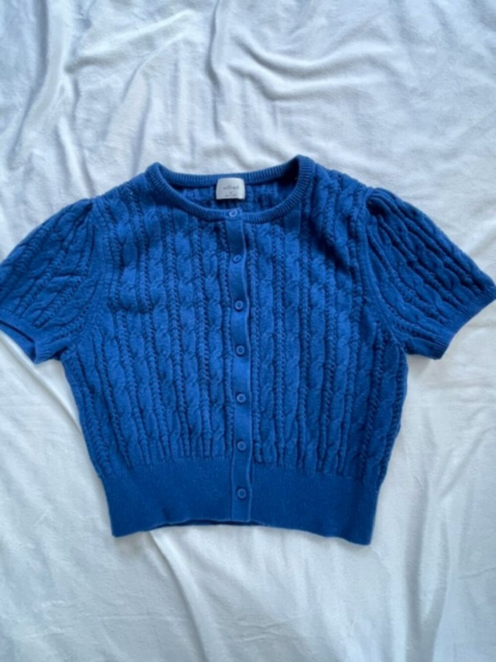 Wilfred Aritzia Women's Short-Sleeve Button-up Cable Knit Sweater, Blue, Size M